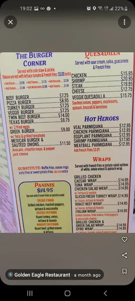 menu of Golden Eagle Restaurant