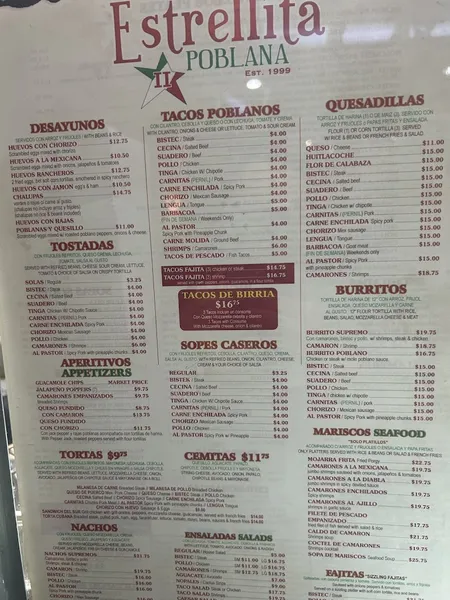 menu of Estrellita Poblana II