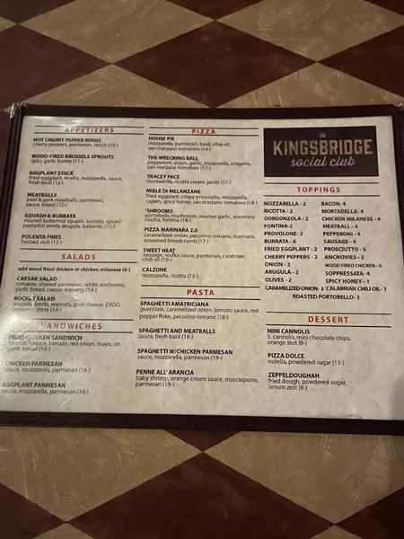 menu of Kingsbridge Social Club