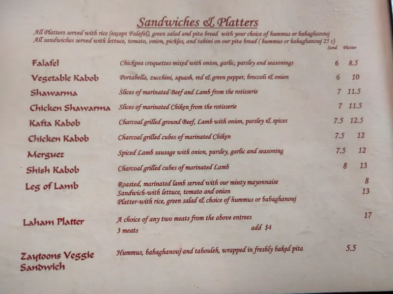 menu of Zaytoons