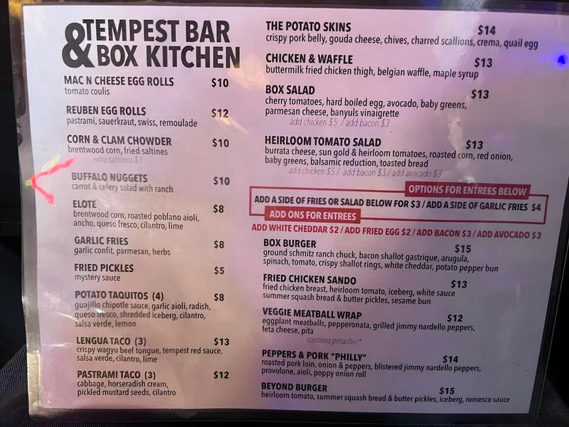 menu of Tempest Bar & Box Kitchen