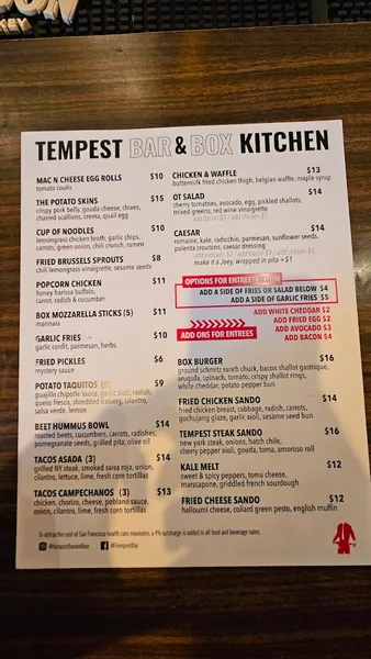 menu of Tempest Bar & Box Kitchen