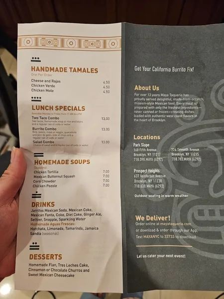 menu of Maya Taqueria - Vanderbilt Avenue