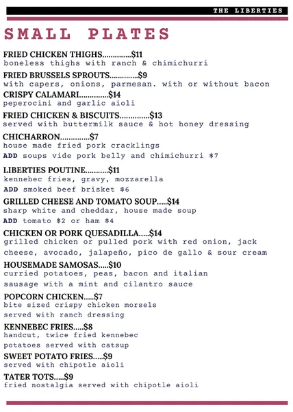 menu of The Liberties