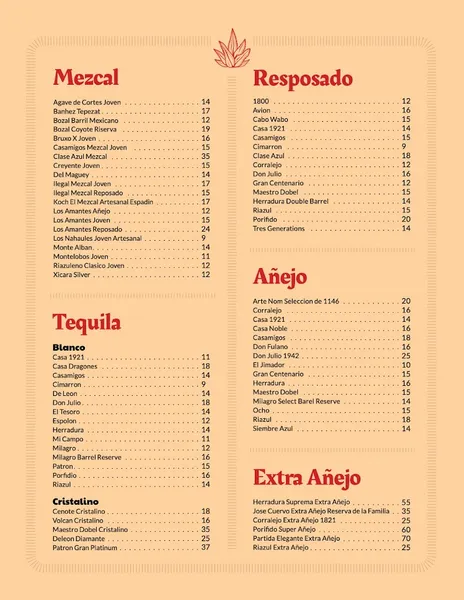 menu of Tiny's Cantina