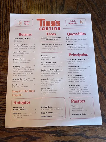 menu of Tiny's Cantina