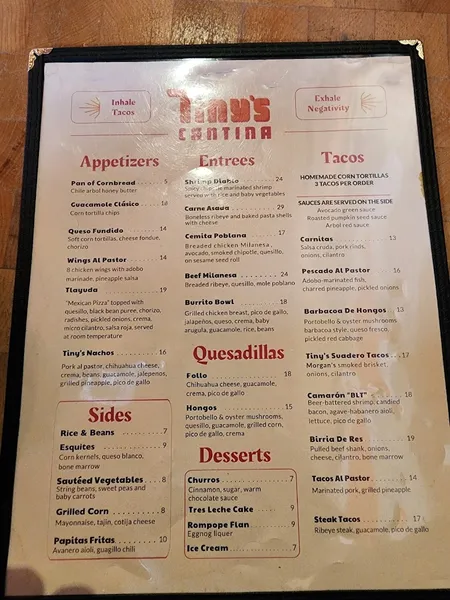 menu of Tiny's Cantina