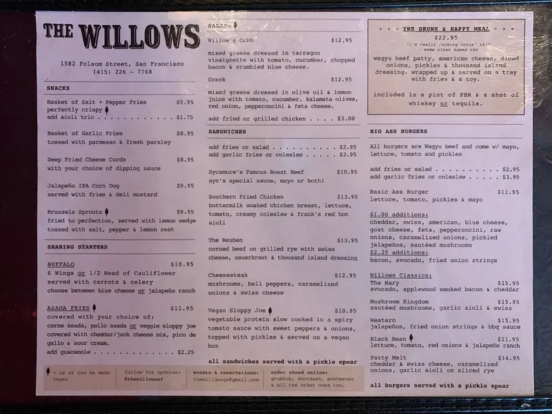 menu of The Willows