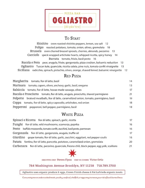 menu of Ogliastro Pizza Bar