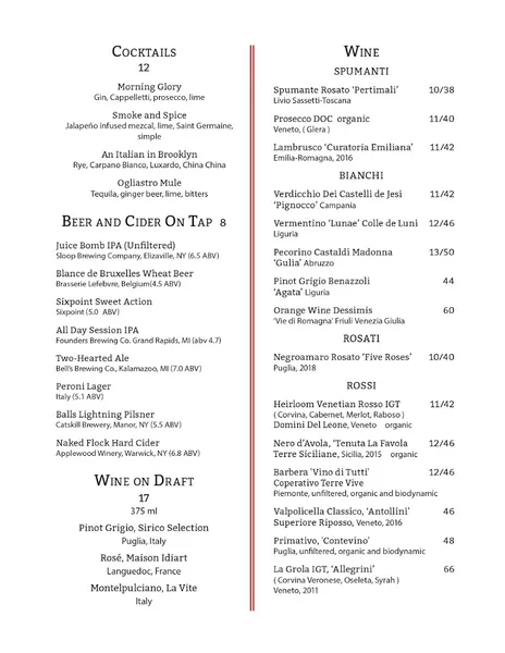 menu of Ogliastro Pizza Bar