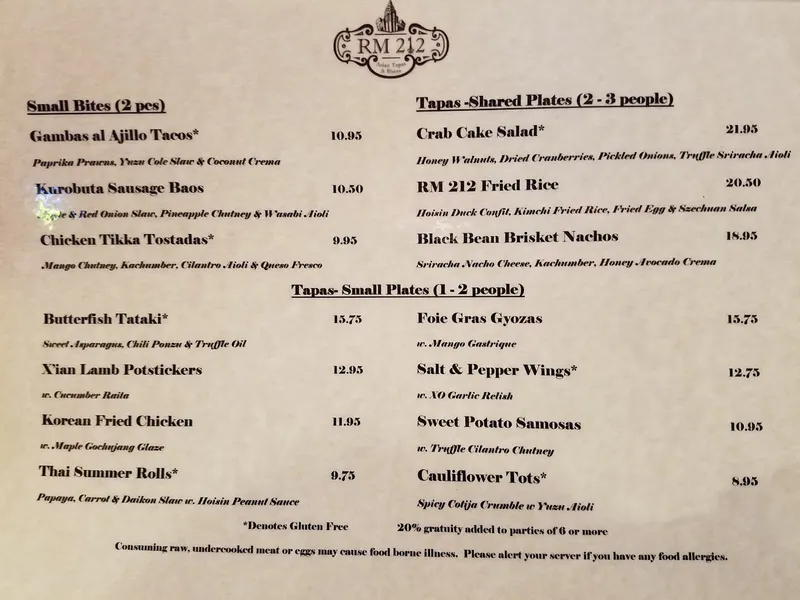 menu of RM 212