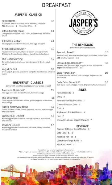 menu of Jasper's Corner Tap and Kitchen