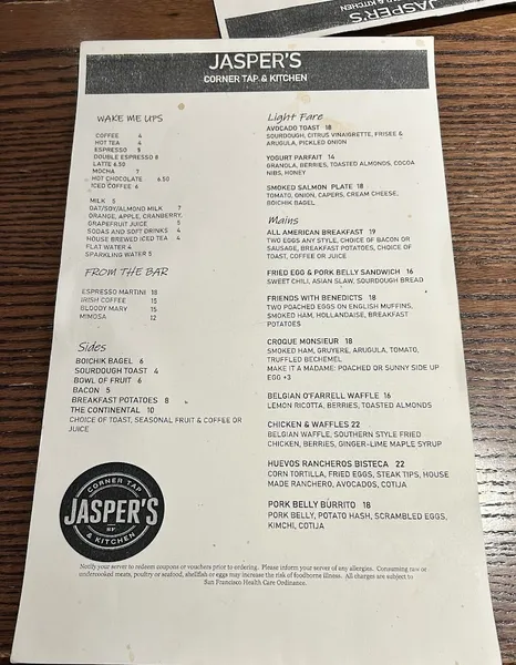 menu of Jasper's Corner Tap and Kitchen