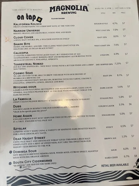 menu of Magnolia Brewing - Haight