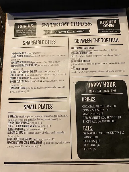 menu of Patriot House Pub