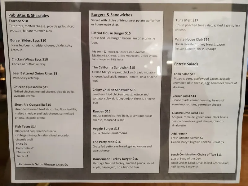 menu of Patriot House Pub