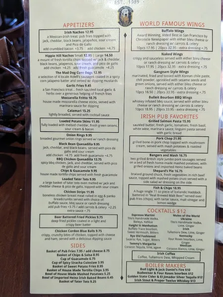 menu of Mad Dog in the Fog