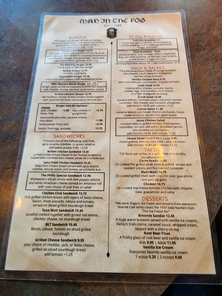 menu of Mad Dog in the Fog