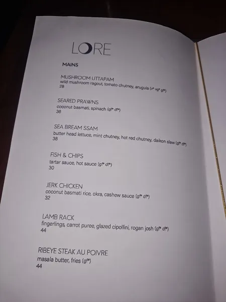 menu of LORE