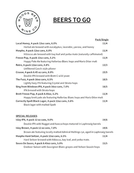 menu of Woods Outbound