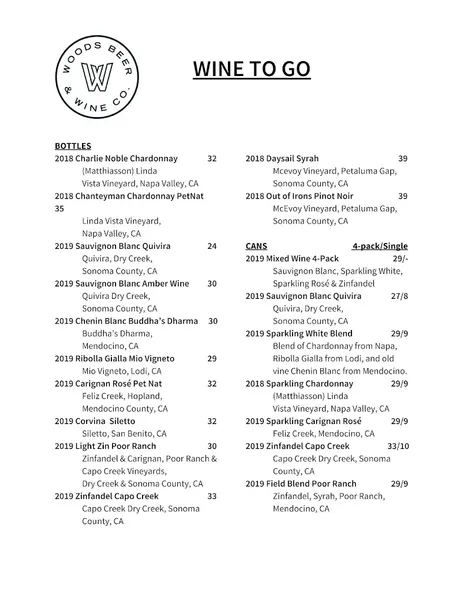 menu of Woods Outbound