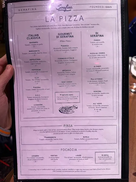 menu of Serafina Italian Restaurant Time Hotel