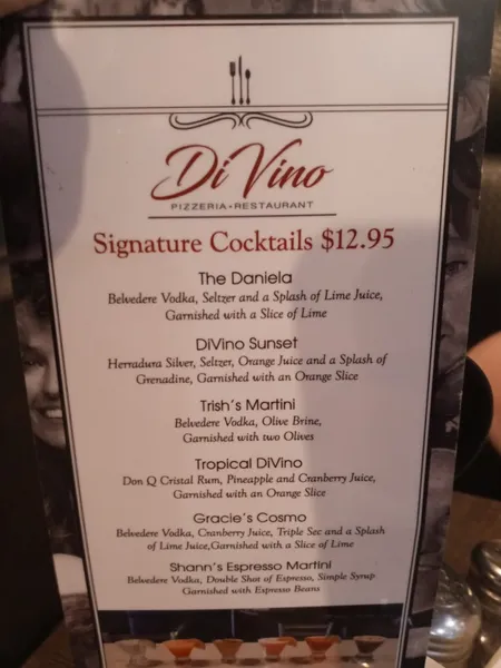 menu of DiVino Pizzeria Restaurant