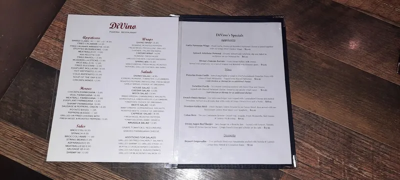 menu of DiVino Pizzeria Restaurant