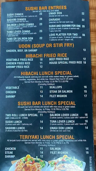 menu of Hagane Hibachi & Japanese Grill