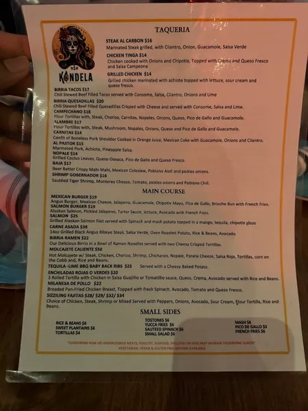 menu of Kandela