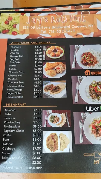 menu of Jay's Roti Hut