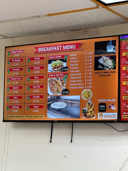 menu of Jay's Roti Hut