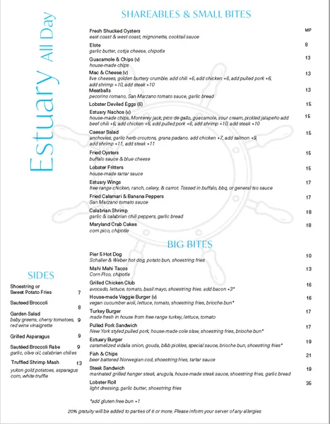 menu of Estuary at ONE°15 Brooklyn Marina