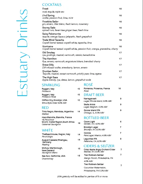 menu of Estuary at ONE°15 Brooklyn Marina