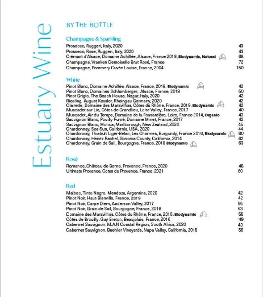 menu of Estuary at ONE°15 Brooklyn Marina