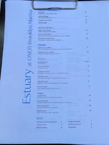 menu of Estuary at ONE°15 Brooklyn Marina