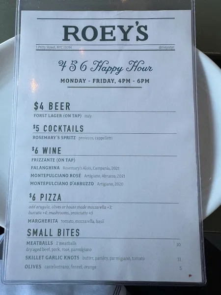 menu of Roey's