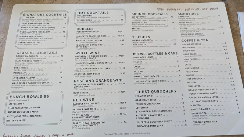 menu of Ruby's Cafe - West Village