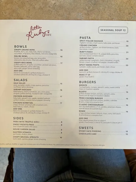 menu of Ruby's Cafe - West Village