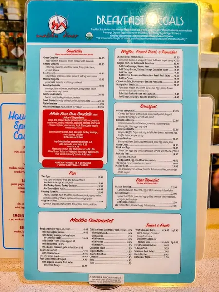 menu of Malibu Diner