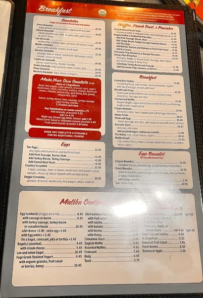 menu of Malibu Diner