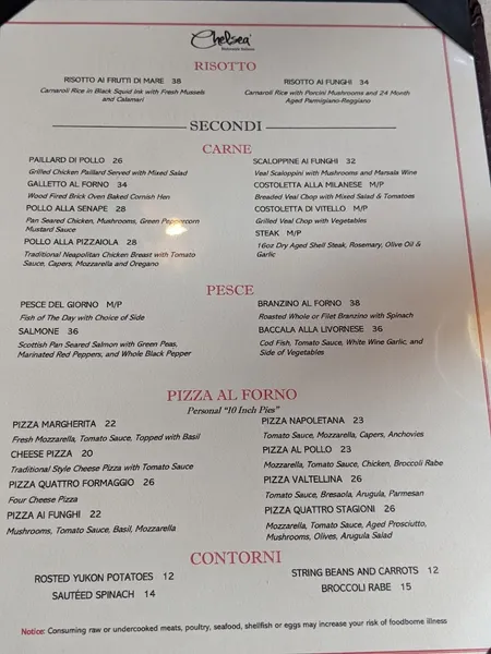 menu of Chelsea Ristorante Italiano