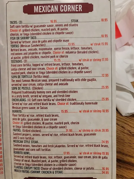 menu of Grand Canyon Restaurant