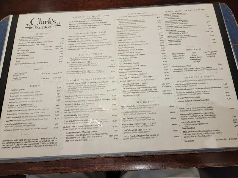 menu of Clark's Restaurant