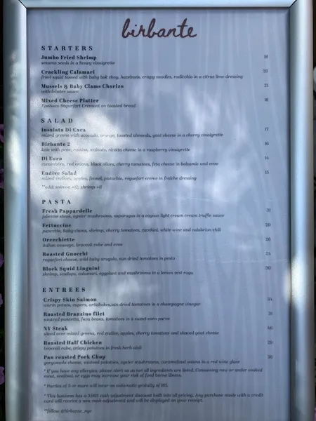 menu of Birbante