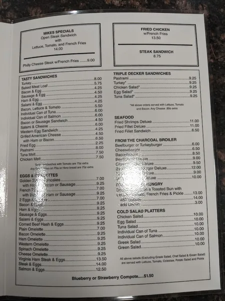 menu of Mike's Coffee Shop