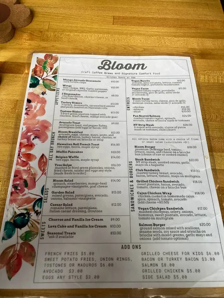 menu of Cafe Bloom