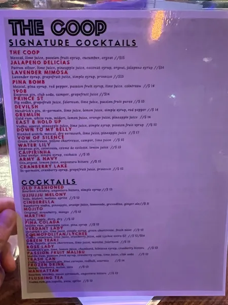 menu of The COOP Restaurant & Bar