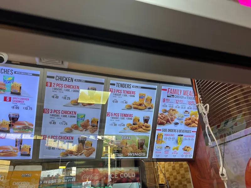 menu of Tex’s Chicken & Burgers