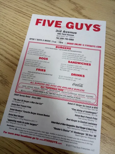 menu of Five Guys